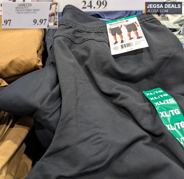 Black Mondetta French Terry shorts for men, ideal for casual wear, available at Costco for $9.97.
