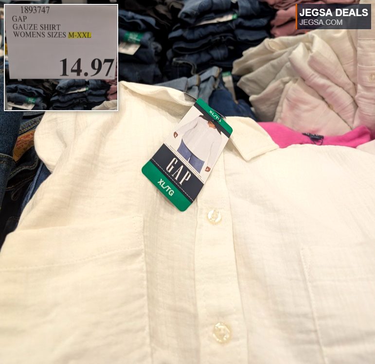 White GAP women's gauze shirt for sale at Costco for $14.97, available in sizes M-XXL.