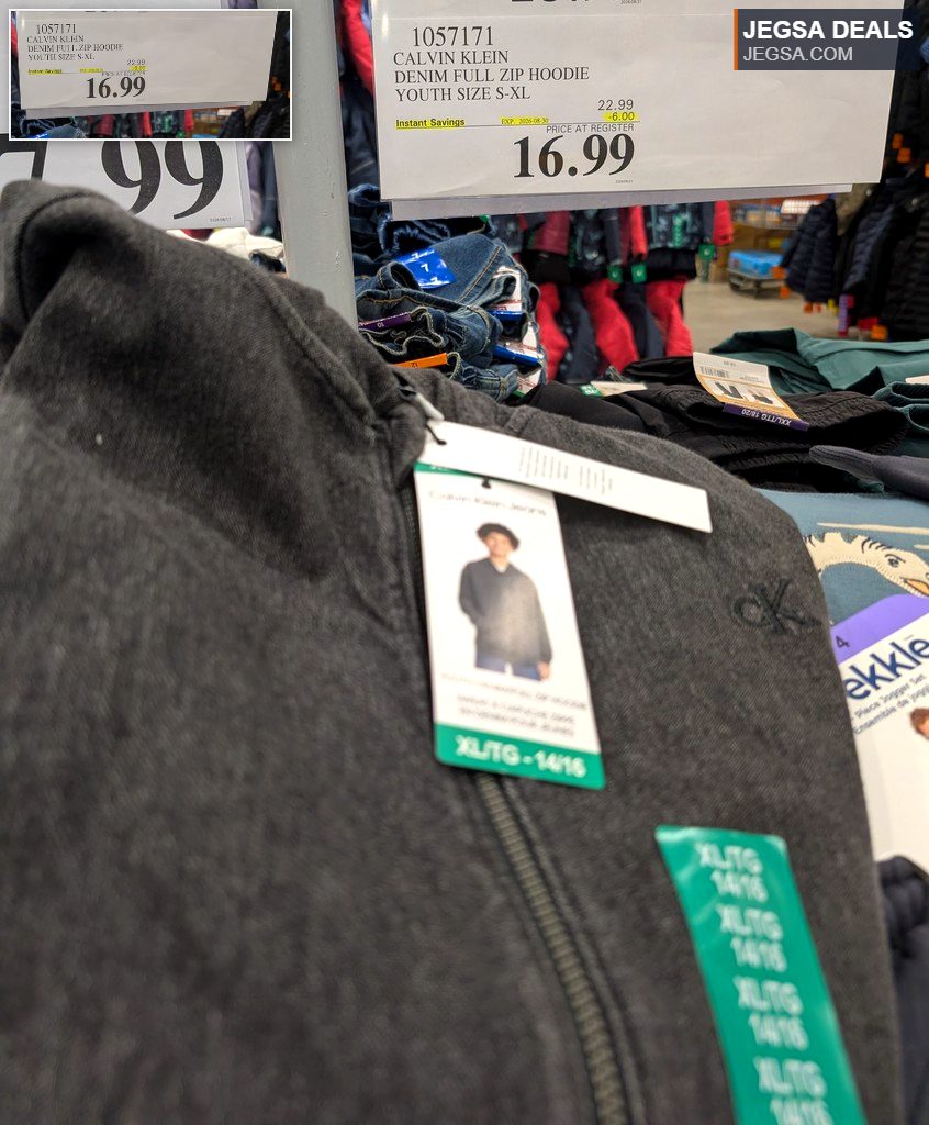 Calvin Klein youth black denim full zip hoodie, size S-XL, with a zipper closure, available at Costco for $16.99.