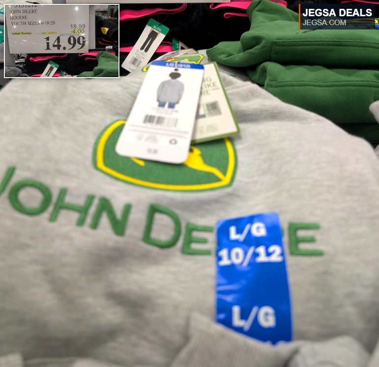 Grey John Deere youth hoodie from Costco, on sale for $14.99, originally $18.99. Sizes 6-18/20.