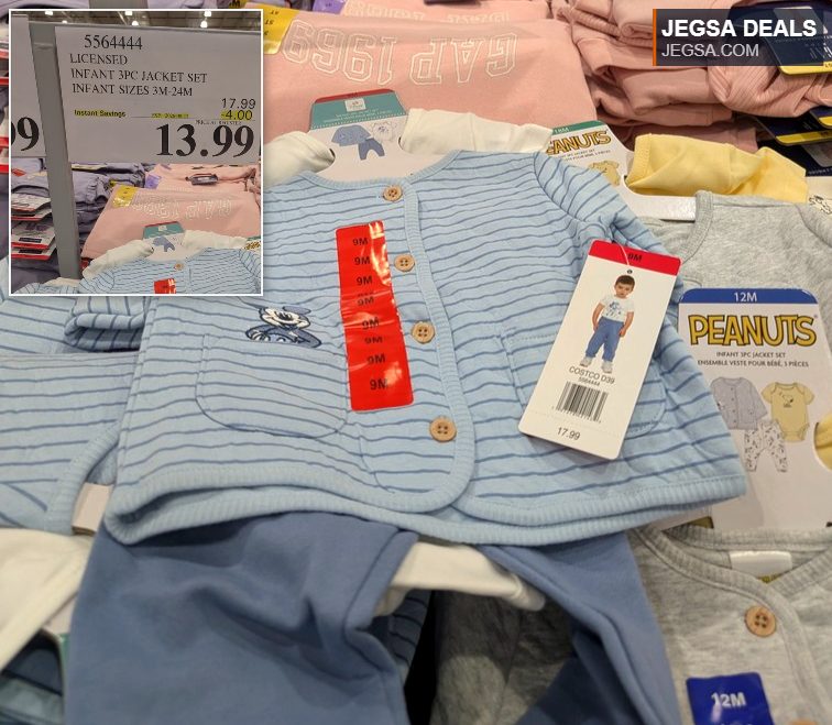 Licensed blue and white striped infant 3-piece jacket set with Mickey Mouse detail, available at Costco for $13.99.