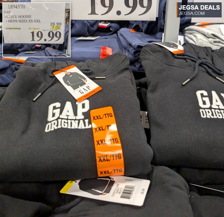 Black GAP Original fleece hoodie for men, available in sizes XS-XXL, from Costco for $19.99.