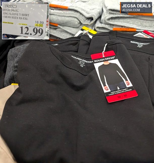 Black Rough Dress long sleeve t-shirt for men, available at Costco for $12.99 with sizes XS-XXL.