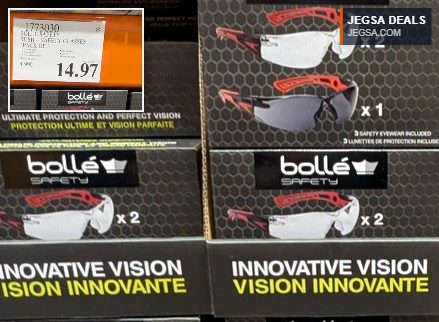 Bolle Safety Rush+ 3-pack safety glasses with clear and smoke lenses, anti-fog, and scratch resistance, available at Costco for $14.97.