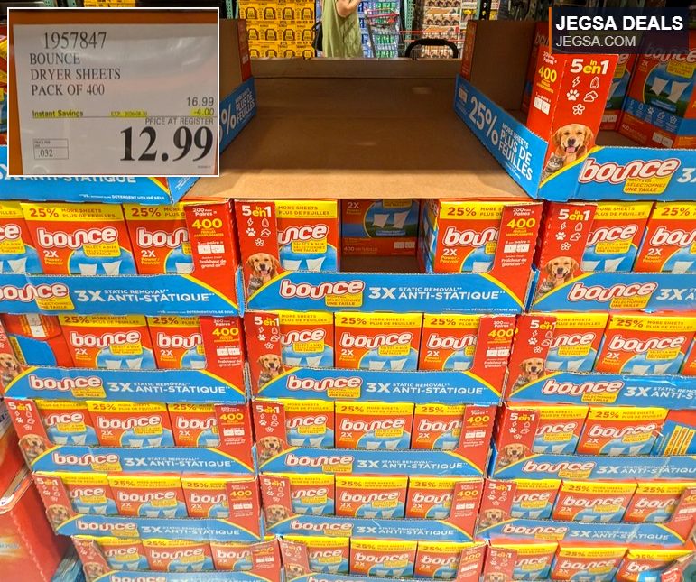 Bounce Dryer Sheets 400-count pack from Costco, 5-in-1 static removal and anti-static for fresh laundry, priced at $12.99.