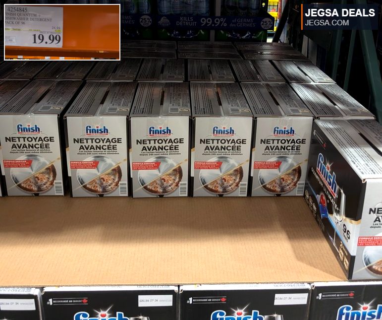Finish Quantum + Dishwasher Detergent pack of 96 from Costco, priced at $19.99, for sparkling clean dishes.