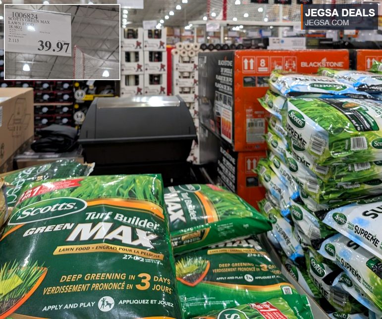 Scotts Green Max 18.9kg lawn food from Costco, promoting deep greening in 3 days for a vibrant lawn.