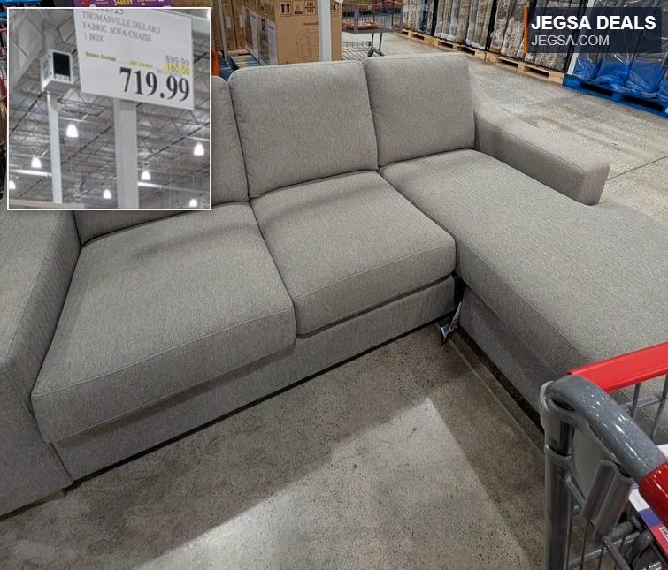 Gray Thomasville Dillard fabric sectional sofa with chaise from Costco, priced at $719.99, perfect for living room comfort.