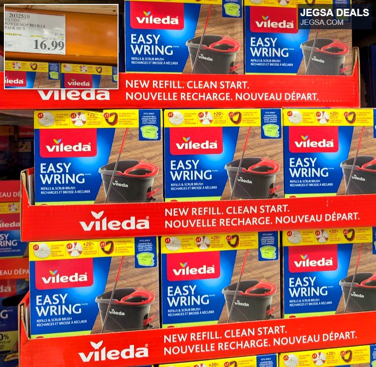 Vileda Easy Wring Power Mop Refills, 3-pack, for efficient floor cleaning from Costco, priced at $16.99.