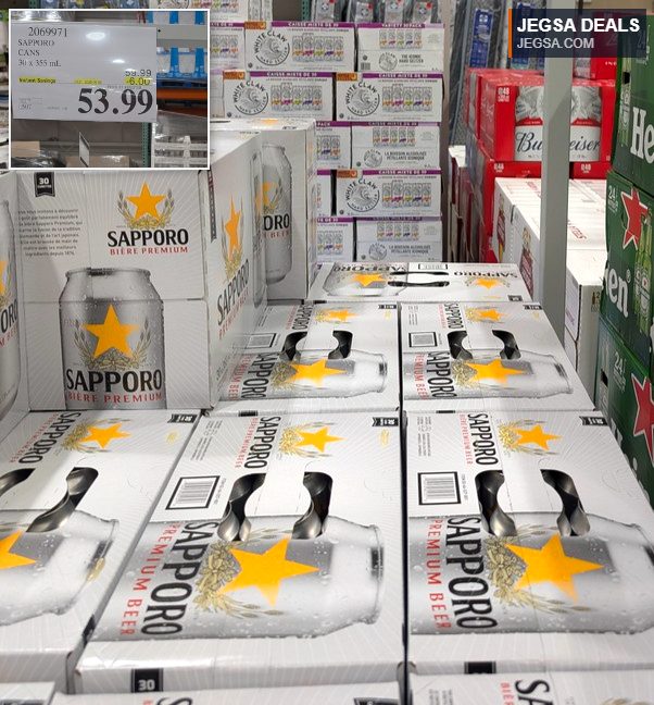 Sapporo Premium Beer 30-pack of 355ml cans from Costco, a crisp Japanese lager, priced at $53.99.