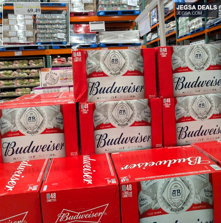 Budweiser King of Beers 48-pack of 355ml cans from Costco, priced at $69.49 with instant savings.