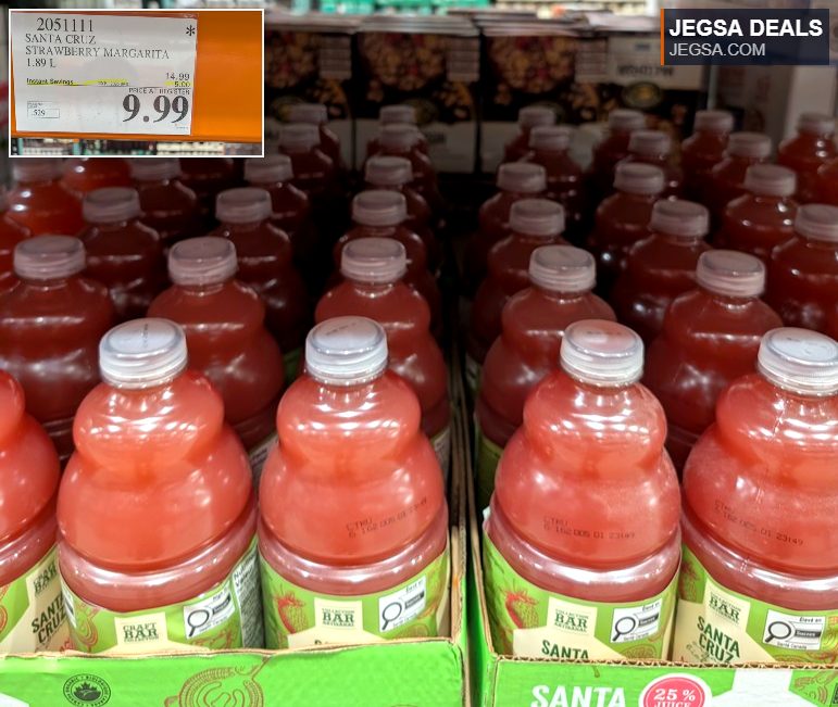 Santa Cruz Strawberry Margarita mix in a 1.89L bottle, on sale at Costco for $9.99, an ideal mixer for refreshing drinks.