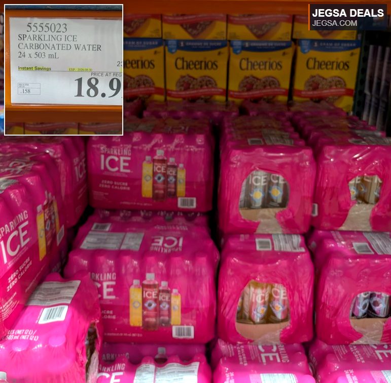 A bulk 24-pack of Sparkling Ice carbonated water in assorted fruit flavors, available at Costco for $18.99.