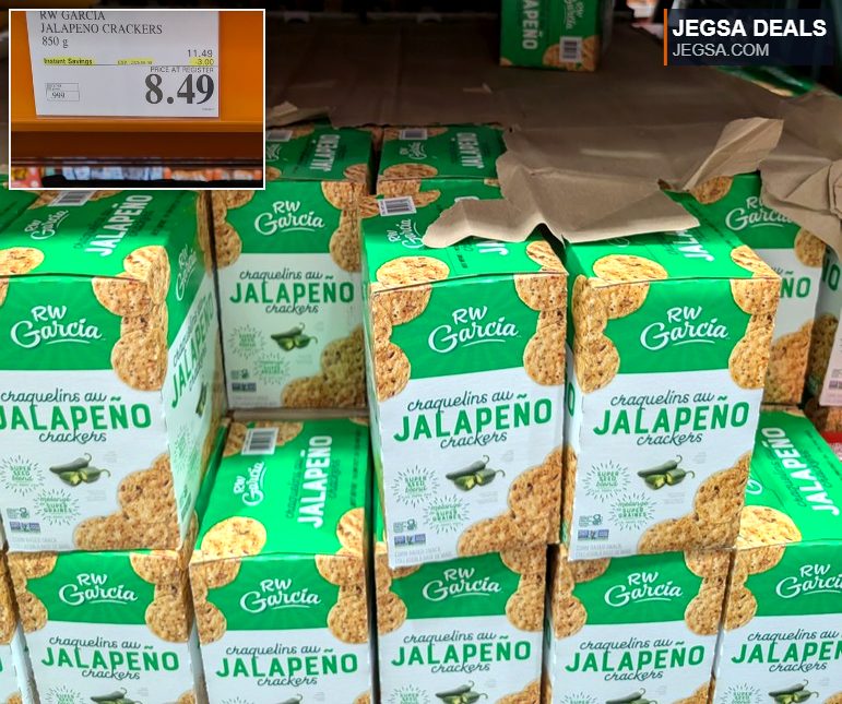 RW Garcia Jalapeno Crackers 850g box from Costco, on sale for $8.49 with instant savings.