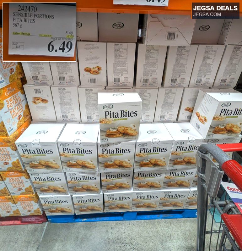 Sensible Portions Pita Bites 567g, a savory snack, available at Costco for $6.49 with instant savings.