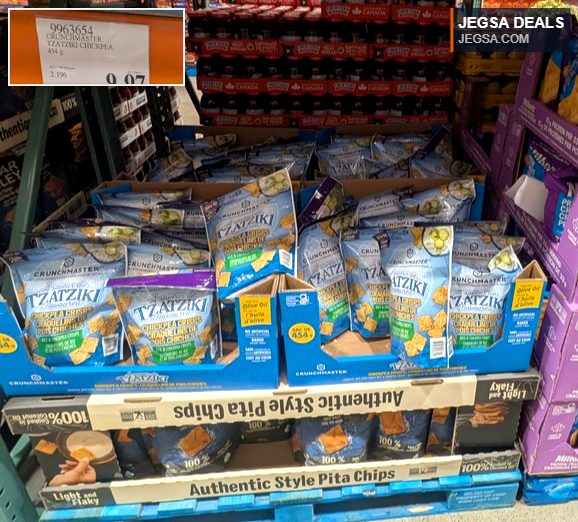 Crunchmaster Tzatziki Chickpea & Rice Crisps 454g from Costco for $9.97, a savory and gluten-free snack.