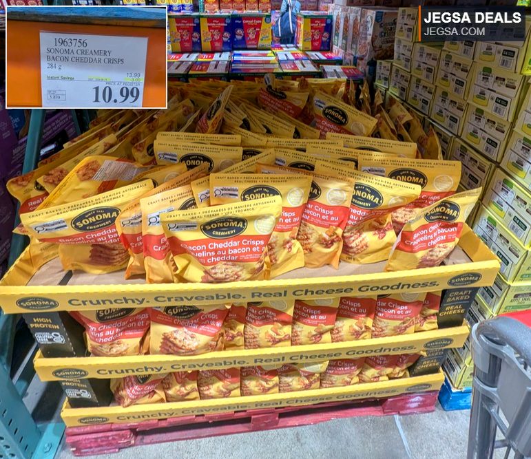 Sonoma Creamery Bacon Cheddar Crisps, 284g bags, a crunchy cheese snack available at Costco for $10.99.