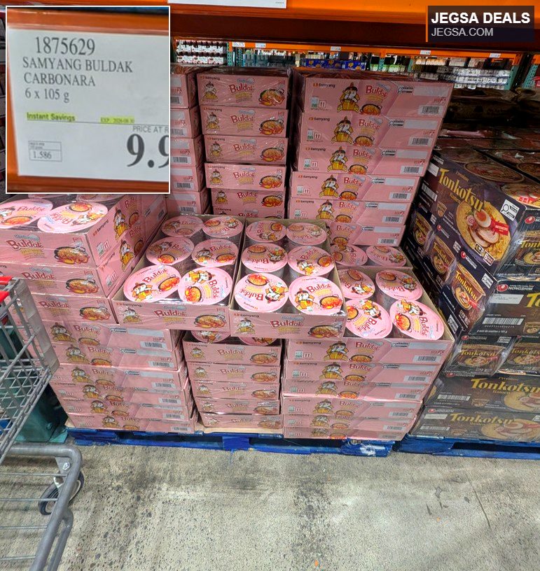 Samyang Buldak Carbonara 6-pack instant noodles from Costco, a spicy and creamy Korean ramen dish.