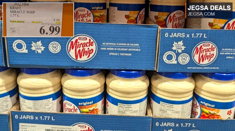 Kraft Miracle Whip original spread in 1.77 L jars, sold in a 6-pack at Costco for $6.99.