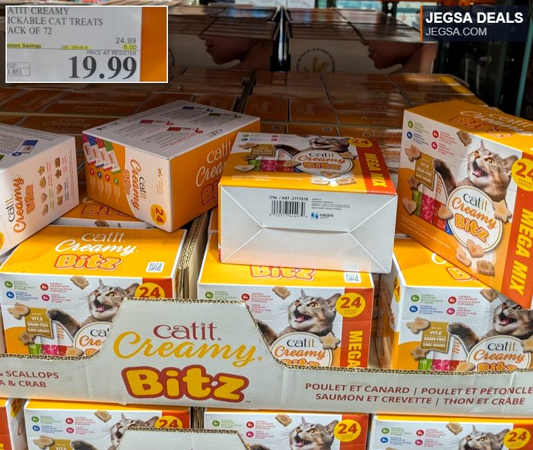 Catit Creamy Lickable Cat Treats 72-pack from Costco for $19.99, a delicious pet snack.