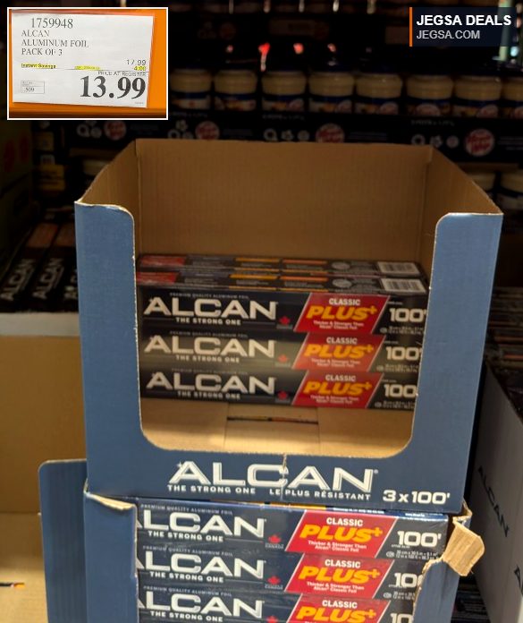Alcan Classic Plus+ aluminum foil pack of 3 (100ft each) from Costco, $13.99, for kitchen use and food storage.