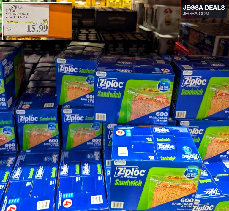 Ziploc Sandwich Bags, 4 packs of 150 (600 bags total) on sale at Costco for $15.99, ideal for food storage.