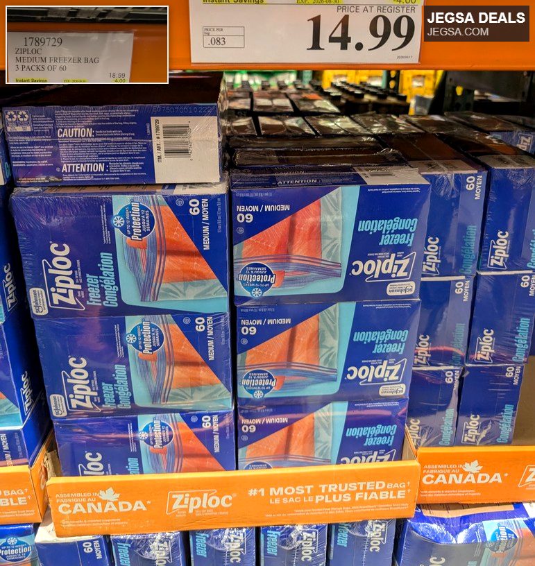 Ziploc Medium Freezer Bag 3-packs of 60 count from Costco, 180 bags total, on sale for $14.99