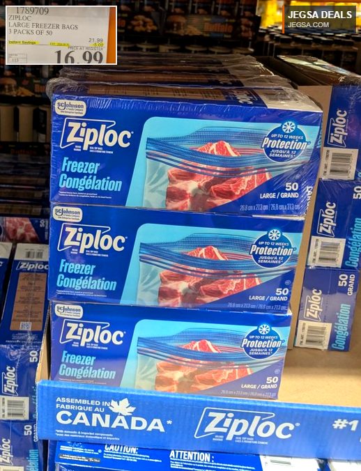 Ziploc Large Freezer Bags (3 packs of 50) on sale at Costco for $16.99, ideal for food preservation and storage.