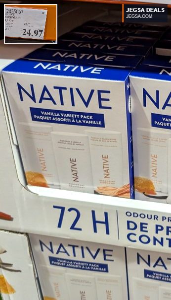 Native Deodorant Vanilla Variety Pack 3x75g, vegan and aluminum-free, sold at Costco for $24.97.