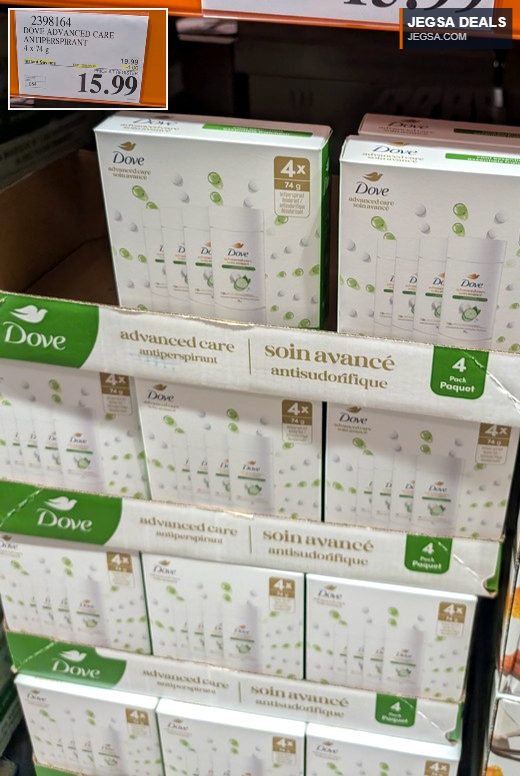 Dove Advanced Care antiperspirant 4-pack (74g each) for $15.99 from Costco, offering effective odor and wetness protection.