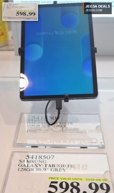 Grey Samsung Galaxy Tab S10 FE 128GB 10.9-inch tablet on display at Costco for $598.99.