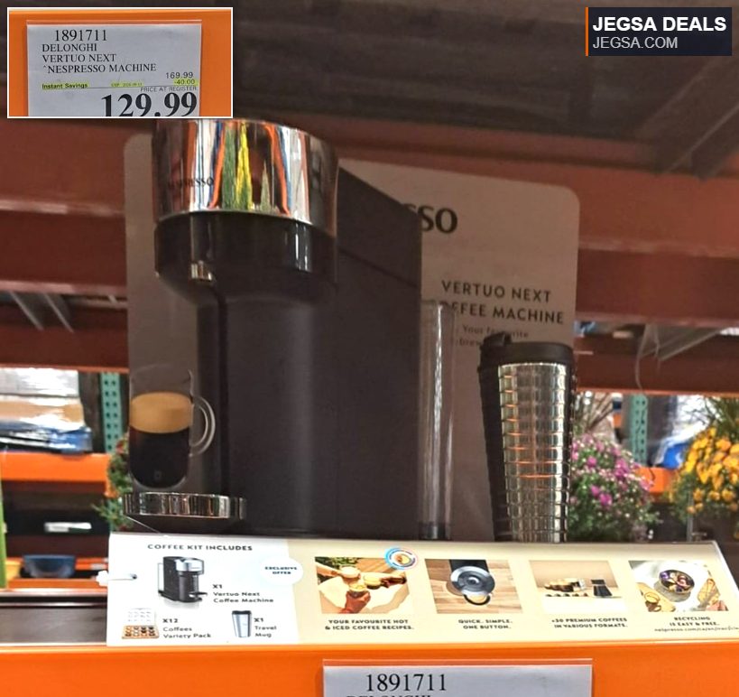 Delonghi Vertuo Next Nespresso coffee machine with travel mug and coffee variety pack, from Costco for $129.99.