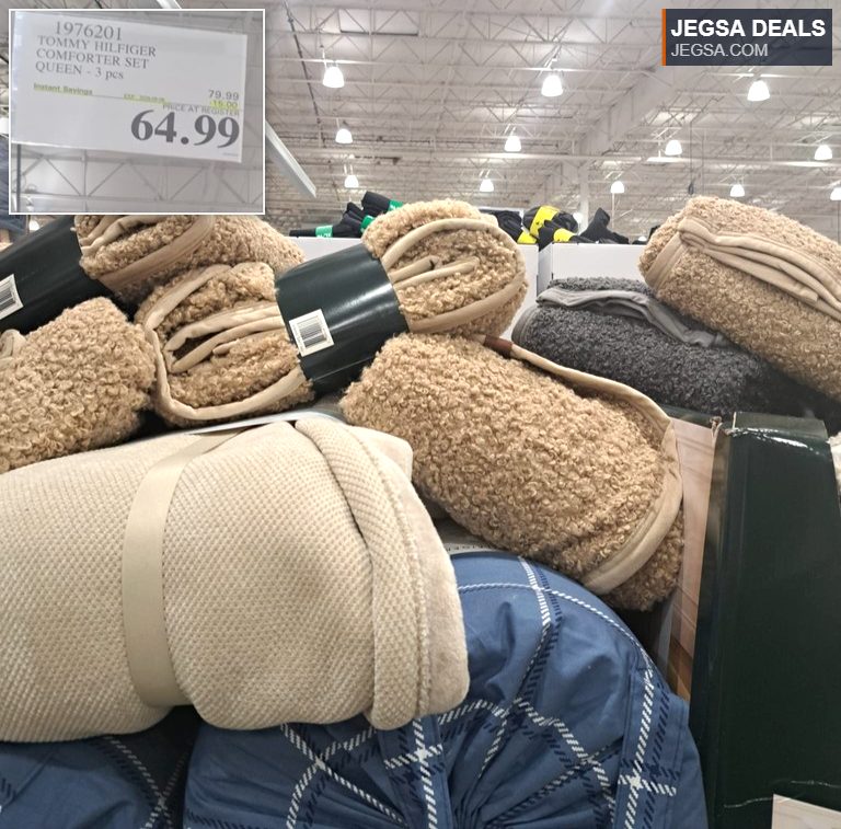 Tommy Hilfiger Queen size 3-piece comforter set in a natural color, available at Costco for $64.99.