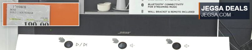 Black Bose Solo Soundbar 2 with Bluetooth connectivity and wall bracket, offering clear dialogue for TV, available at Costco for $199.99.