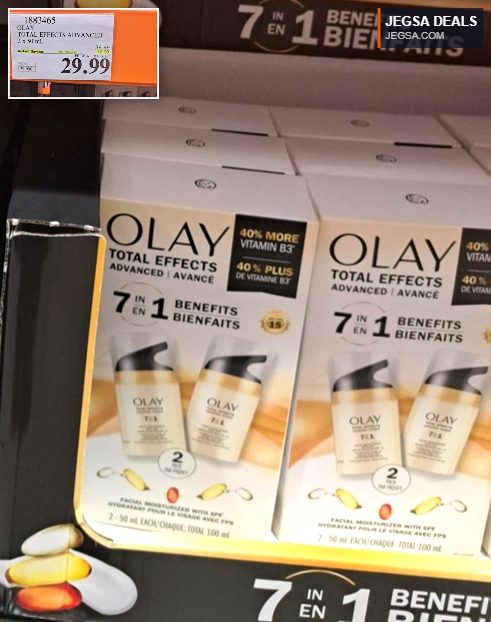 Olay Total Effects Advanced facial moisturizer with SPF, a 2x50 mL pack for $29.99 at Costco, offering 7-in-1 benefits.