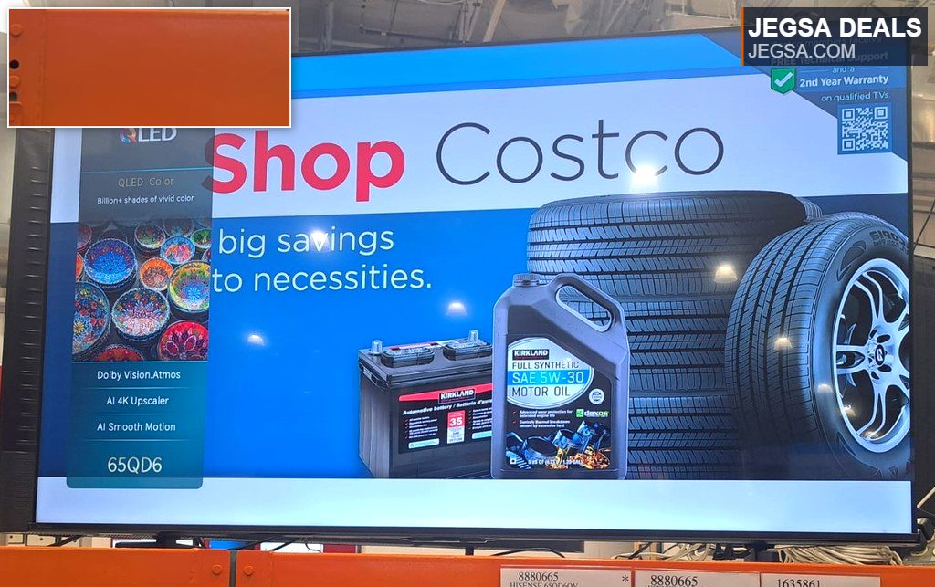Hisense 65-inch QLED 4K UHD TV at Costco, priced at $594.99, offering vivid colors and smart viewing features.