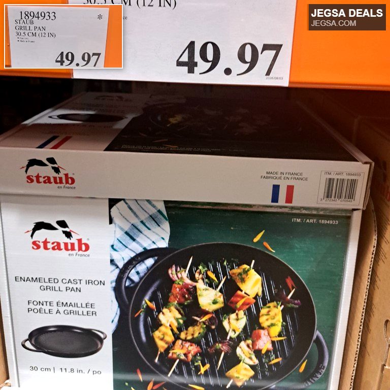 Staub black enameled cast iron grill pan 30.5 cm for even cooking, available at Costco for $49.97.