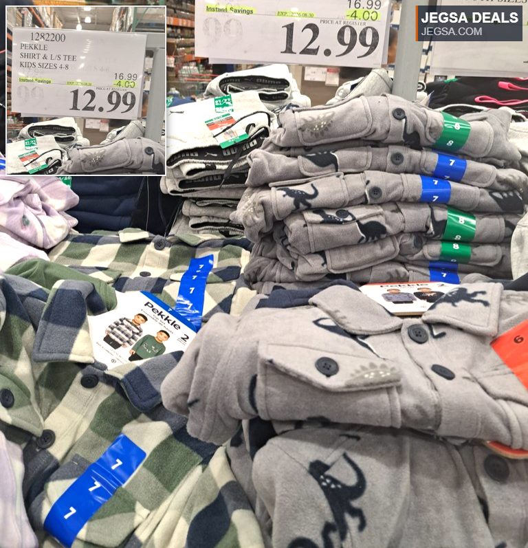 Pekkle kids' two-piece plaid and dinosaur pattern fleece shirt and long sleeve tee set from Costco, priced at $12.99.