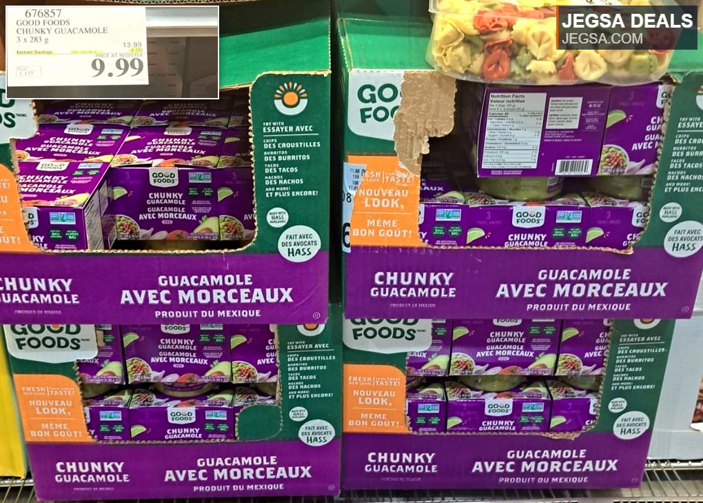 Good Foods Chunky Guacamole, 3 x 283g pack, on sale at Costco for $9.99, ideal for Mexican dishes and snacking.