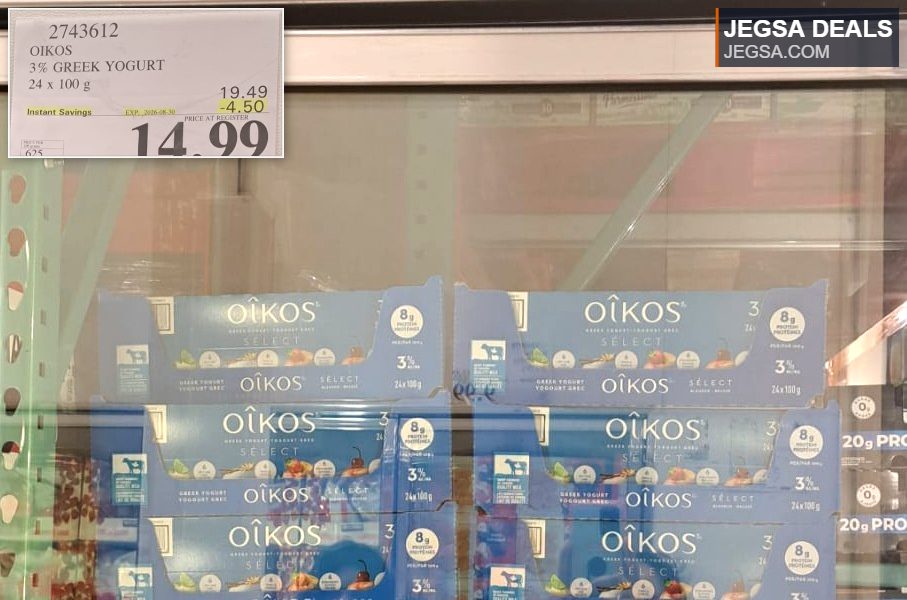 Oikos 3% Greek Yogurt, 24x100g pack from Costco for $14.99, a creamy and healthy dairy option.