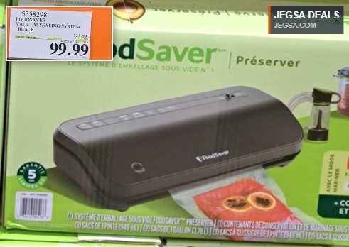 Black FoodSaver vacuum sealing system with 5 custom settings, designed to preserve food 5x longer, available at Costco for $99.99.