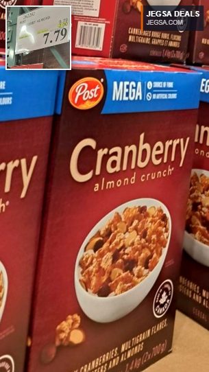 Post Cranberry Almond Crunch mega cereal box, 1.4kg, with multigrain flakes, cranberries, and almonds, from Costco for $7.79.