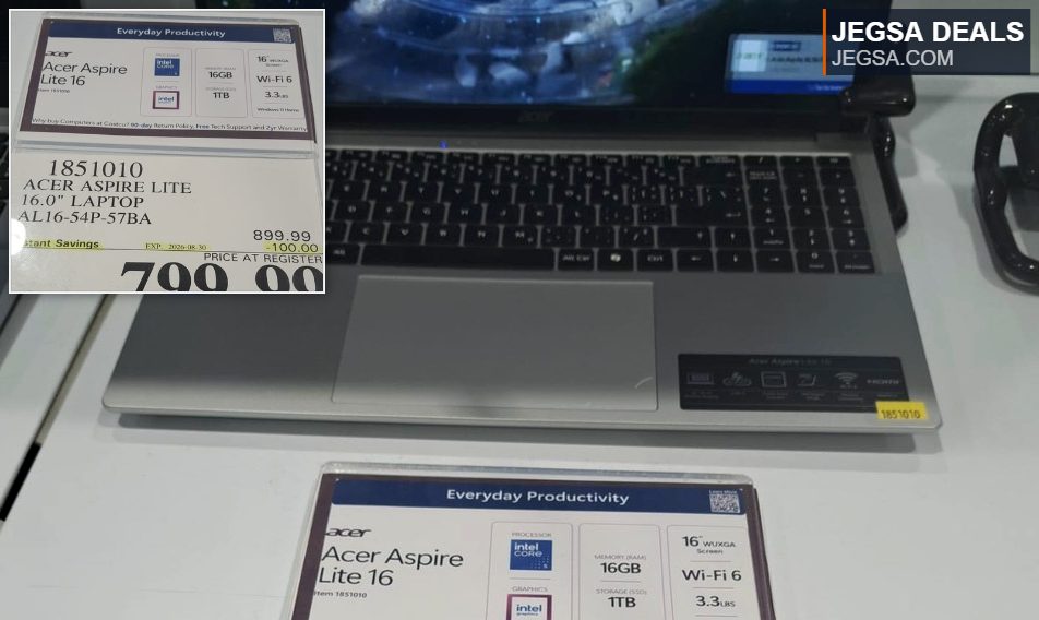 Silver Acer Aspire Lite 16.0" laptop with Intel Core processor, 16GB RAM, and 1TB storage, available at Costco for $799.99.