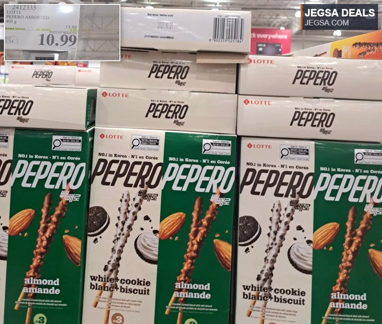 Assorted LOTTE Pepero chocolate and cookie biscuit sticks, 405g, on sale at Costco for $10.99, featuring almond and white cookie flavors.
