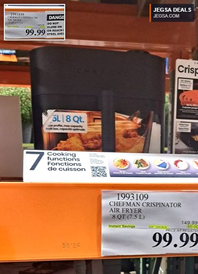 Chefman Crispinator 8 QT air fryer in black, offering 7 cooking functions for healthy meals, from Costco for $99.99.
