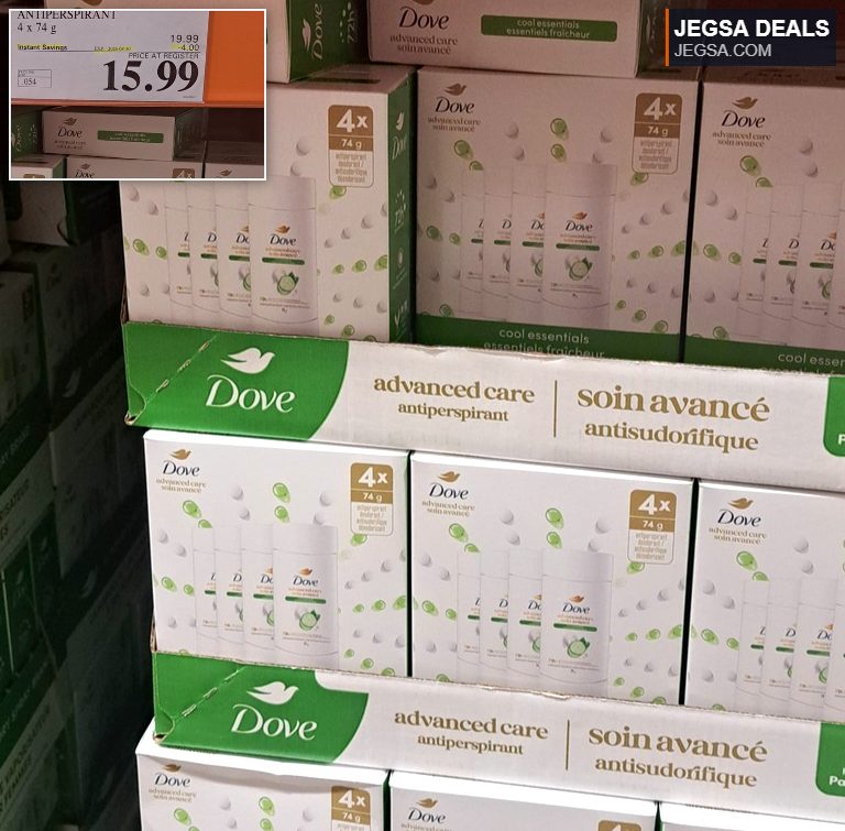 Dove Advanced Care Antiperspirant 4-pack, 74g each, with cool essentials scent, on sale at Costco for $15.99.