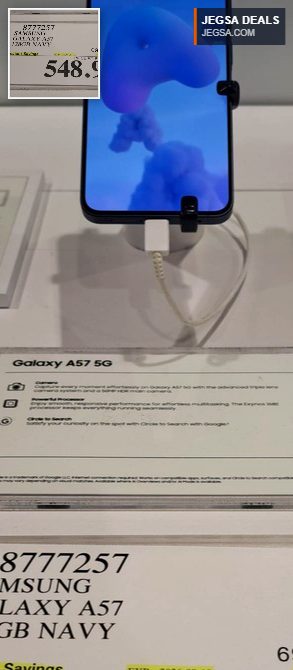 Navy Samsung Galaxy A57 5G 128GB smartphone from Costco, priced at $548.99 with instant savings.