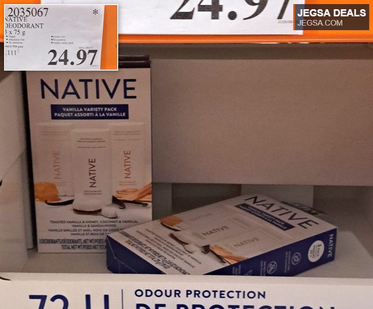 Native Deodorant Vanilla Variety Pack, 3 x 75g, from Costco, $24.97. Vegan, cruelty-free, aluminum-free for 72h odour protection.