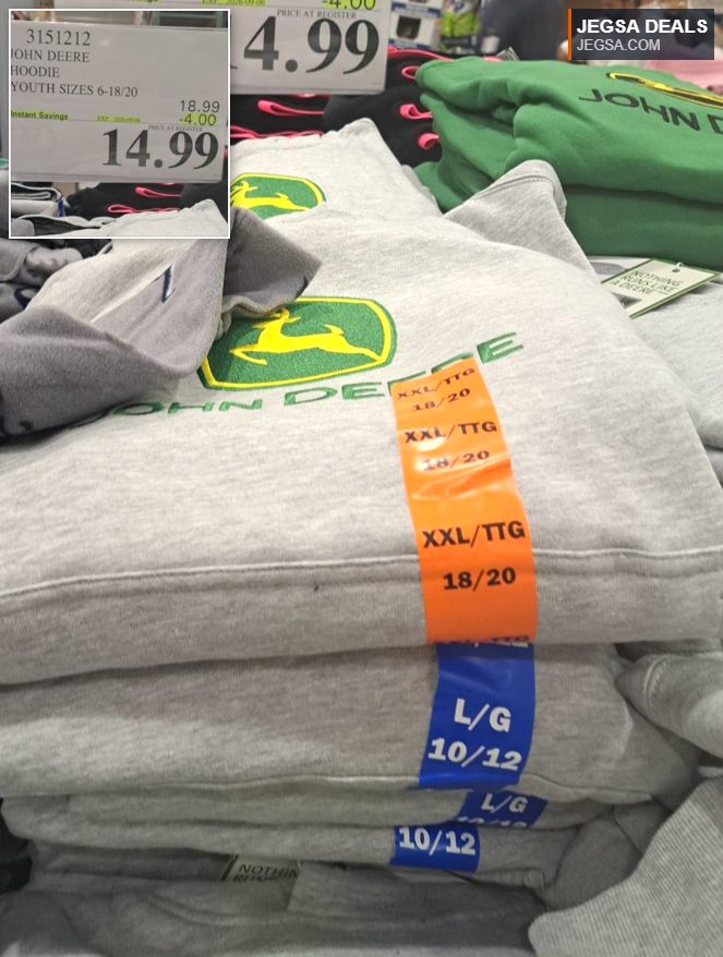 Grey John Deere youth hoodie for kids, available at Costco for $14.99, featuring the iconic yellow and green logo.