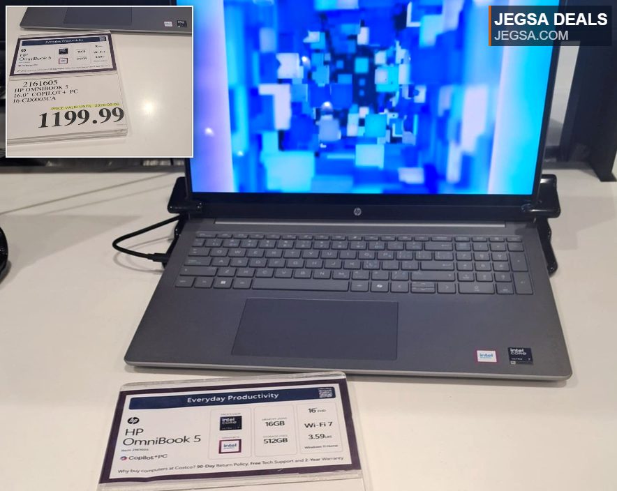 HP OmniBook 5 16-inch Copilot+ PC laptop with Intel Core, 16GB RAM, and 512GB SSD, shown at Costco for $1199.99.